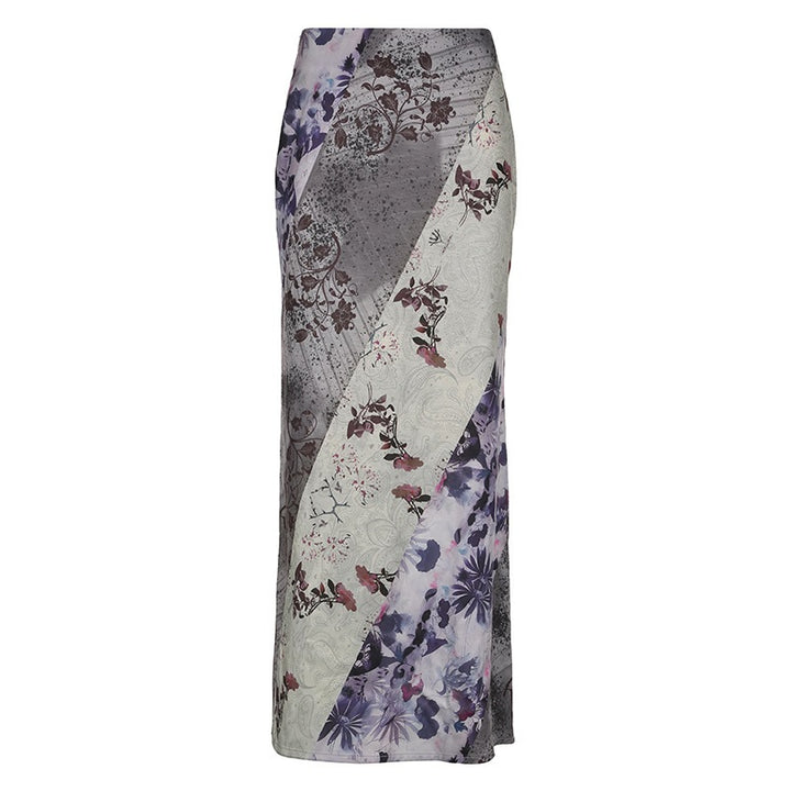 Damen Langer Maxirock mit diagonalen Patchwork-Prints und schlanker A-Linie Echo Archiv