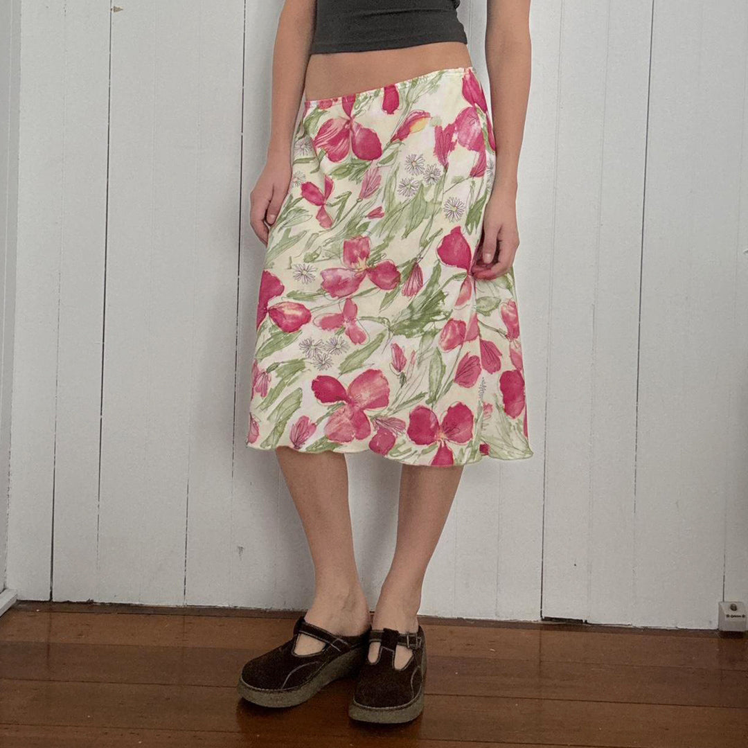 Damen nan ausgestellter Midirock mit floralem Aquarelldruck und hoher Taille Echo Archiv