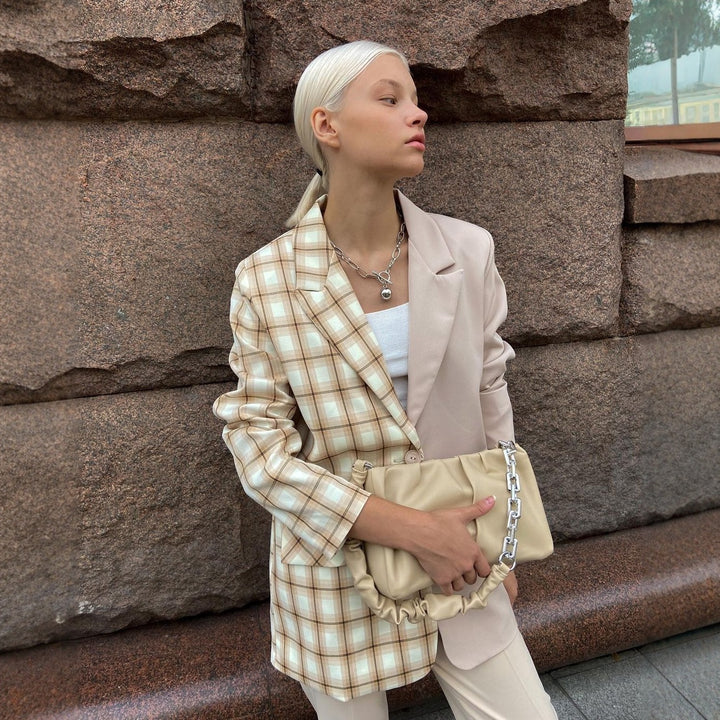Damen Zweifarbiger Oversize-Blazer mit Karomuster und Reverskragen Echoarchiv