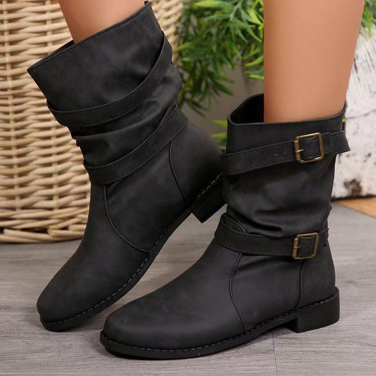 Damen Lässige Slouch-Stiefel mit verstellbaren Zierschnallen, flacher Profilsohle und weichem Kunstleder Echo Archiv