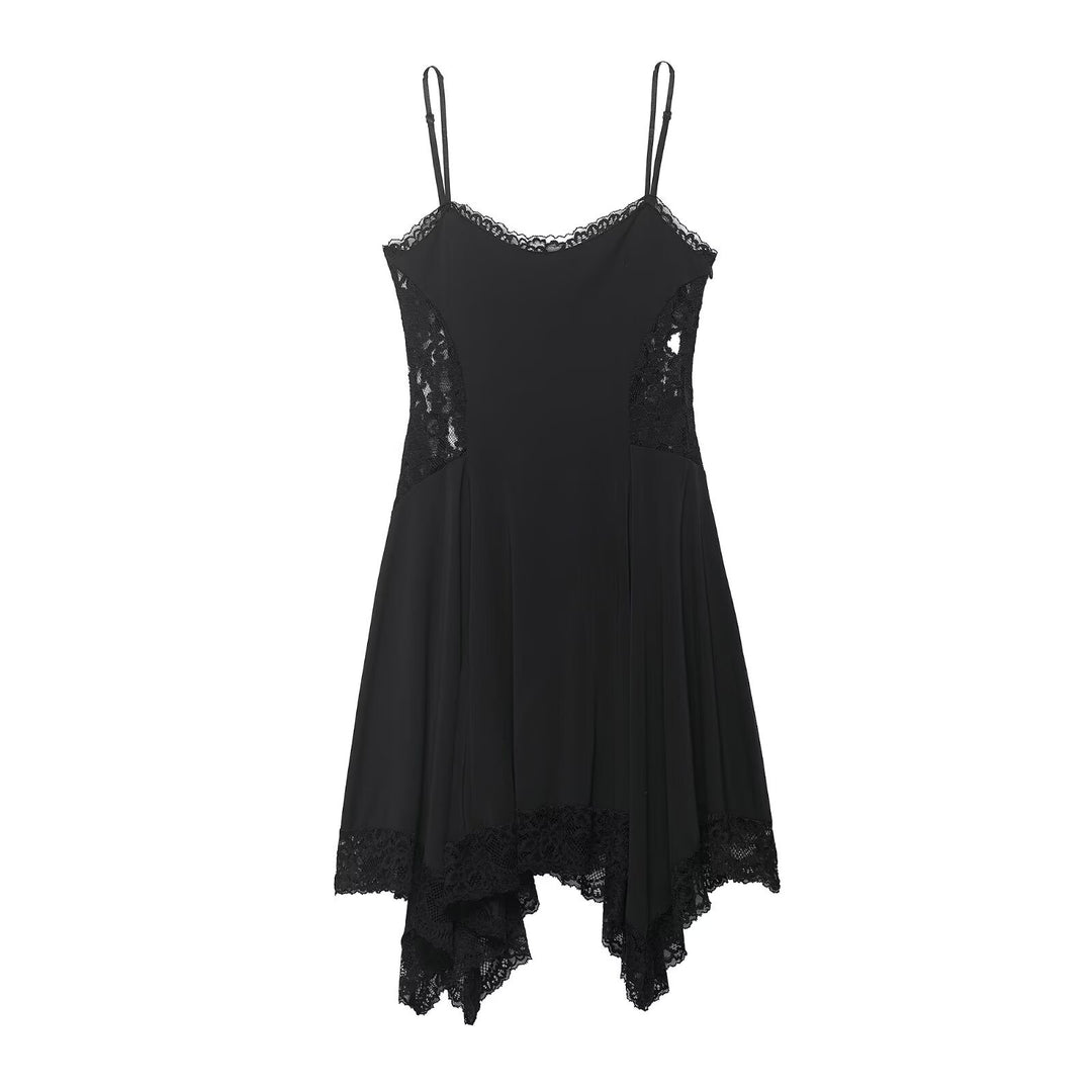 Damen Spitzen- und Satin-Kleid mit asymmetrischem Saum und verstellbaren Trägern Echo Archiv