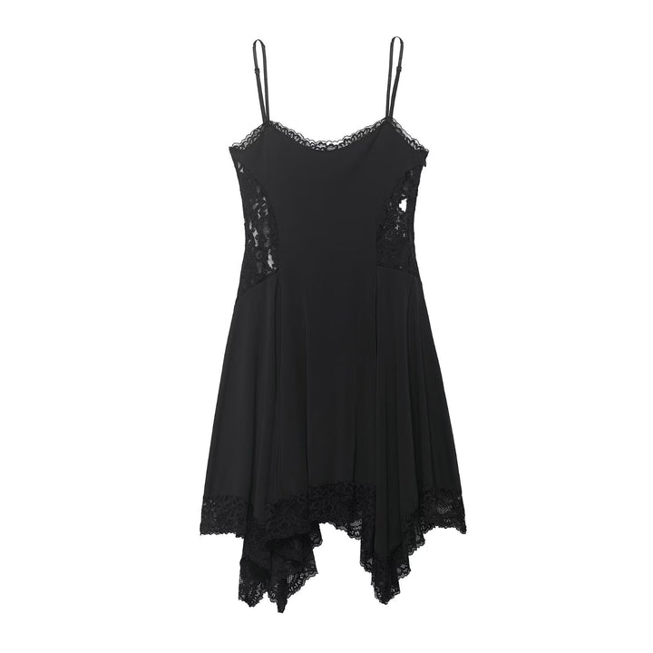 Damen Spitzen- und Satin-Kleid mit asymmetrischem Saum und verstellbaren Trägern Echo Archiv