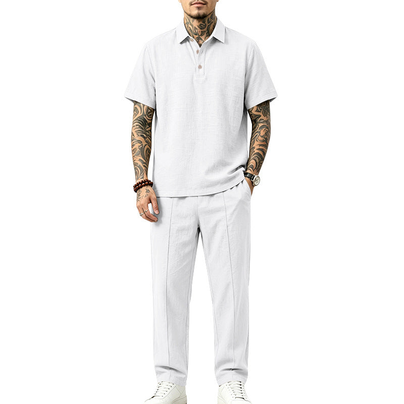 Herren Polo-Lounge-Set aus leichter Leinenmischung mit Kurzarm-Polo und gerader Bundfaltenhose Echoarchiv