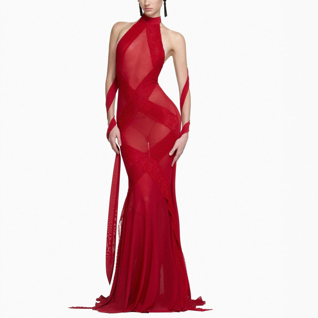 Damen Glamouröses Langarmkleid mit transparenten Einsätzen und raffinierten Drapierungen Echo Archiv