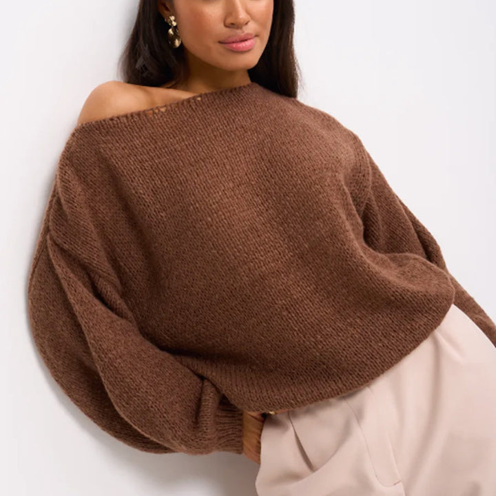 Damen Schulterfreier Mohair‑Optik Oversize-Pullover mit überschnittener Passform und kurzem Saum – Mavelle
