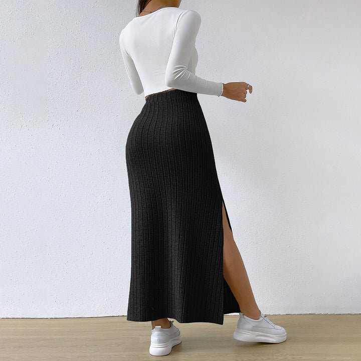 Damen gerippter Maxi-Rock mit hohem Bund, taillierter Stretchpassform und schmeichelnder Längsrippe – Valéora
