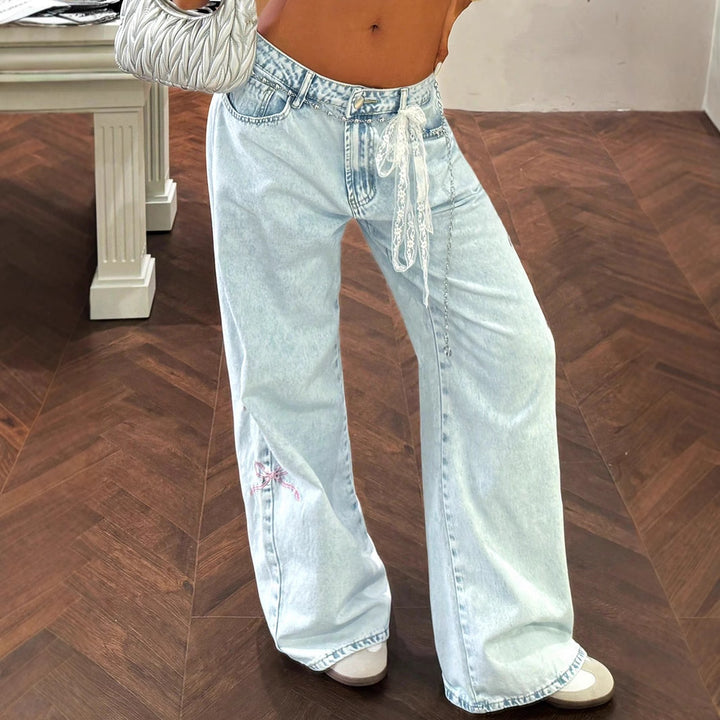 Damen weite High-Waist Denim-Jeanshose mit Spitzenband-Gürtel und ausgestelltem Bein Echo Archiv