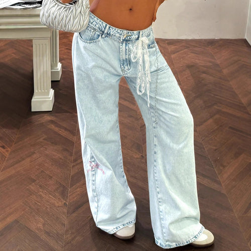 Damen weite High-Waist Denim-Jeanshose mit Spitzenband-Gürtel und ausgestelltem Bein Echo Archiv