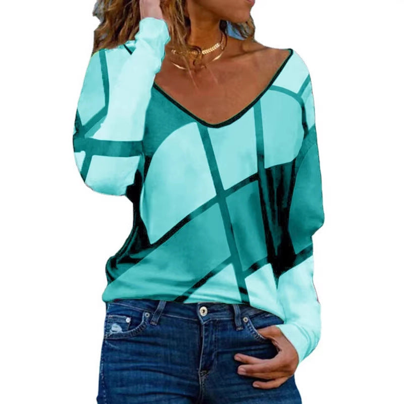 Damen Loose V-Ausschnitt Langarmshirt mit geometrischem Blockdruck und Oversized Passform – Avérine