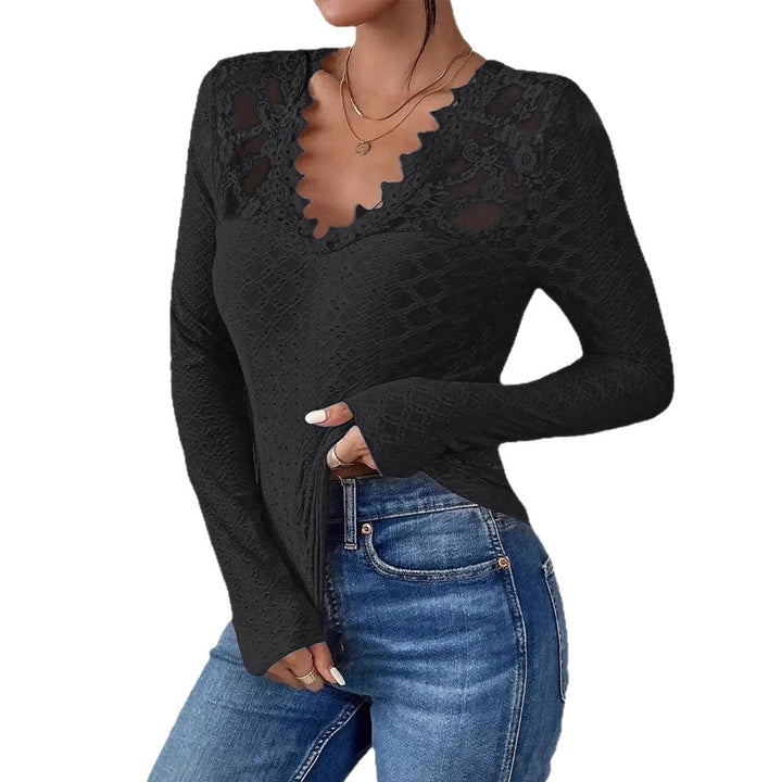 Damen nan figurbetontes Spitzen-Langarmshirt mit gezacktem V-Ausschnitt Echo Archiv