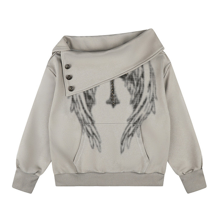 Damen Asymmetrisches Sweatshirt mit weitem Schalkragen, Zierknopfleiste und Perlenapplikation Echoarchiv
