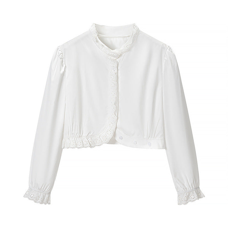 Damen Gekürzte Spitzenbolero‑Bluse mit Stehkragen und Lochstickerei Echo Archiv