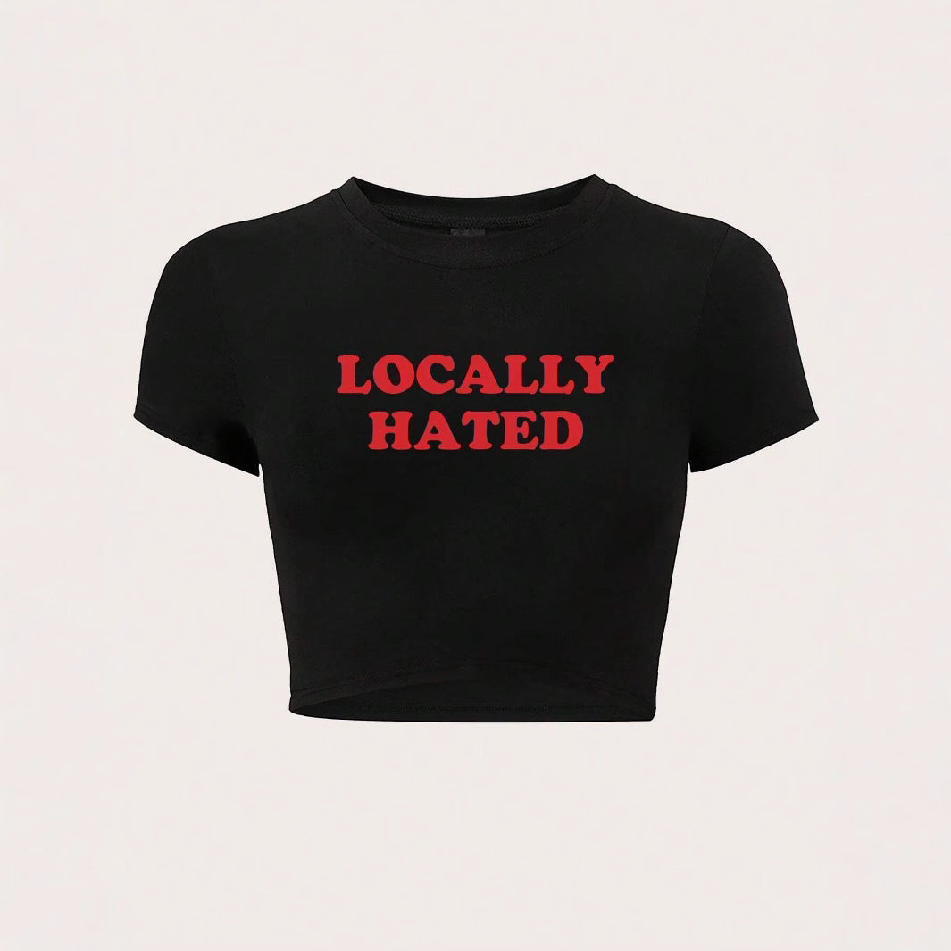 Damen Crop-T-Shirt mit auffälligem Schriftzug und figurbetontem Design Echo Archiv