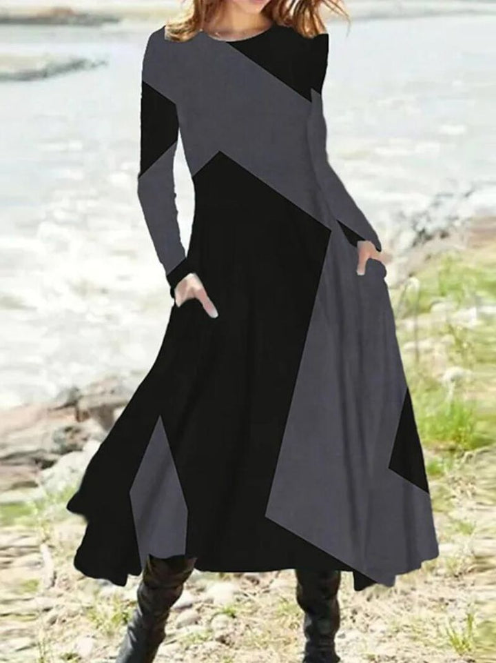 Damen nan geometrisches Maxikleid mit langen Ärmeln, A-Linien-Schnitt und seitlichen Eingrifftaschen Echo Archiv