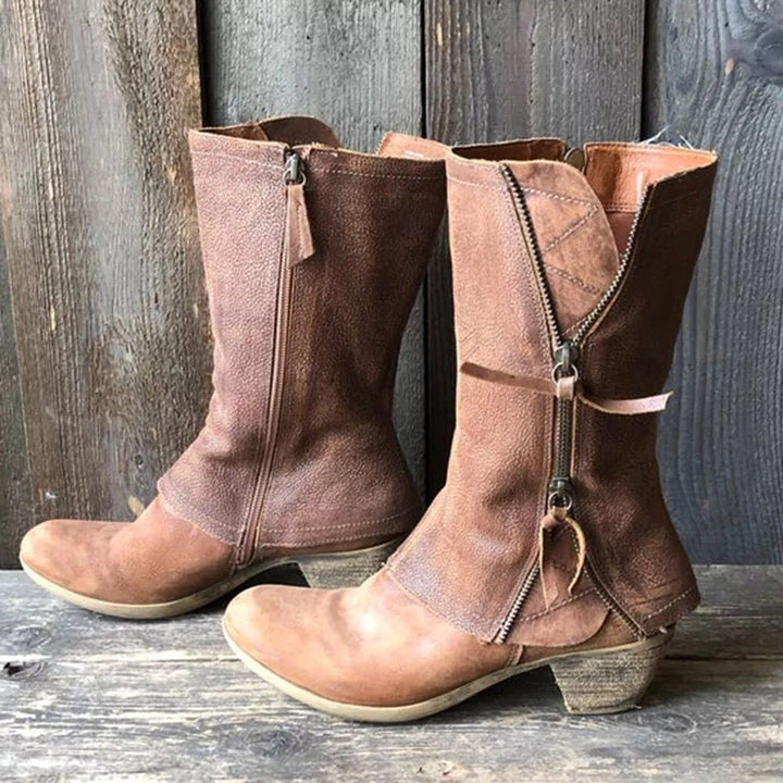 Damen Wadenhohe Western‑Stiefel aus Veloursimitat mit dekorativen Reißverschlüssen und niedrigem Blockabsatz Echo Archiv