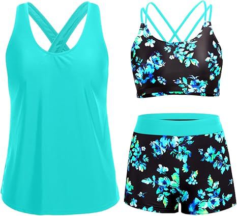 Damen Sportliches Tankini-Set mit floralem Oberteil und Shorts Echoarchiv