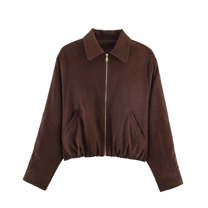 Damen Kurz geschnittener Wildlederoptik-Blouson mit Reißverschluss, elastischem Saum und schrägen Eingrifftaschen Echo Archiv
