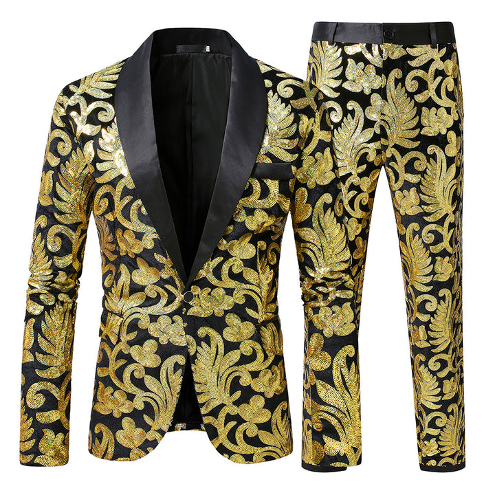Herren glitzernder Smokinganzug mit floralen Paillettenmustern Echoarchiv