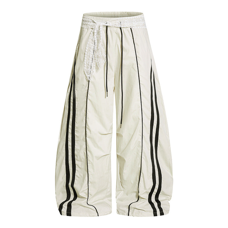 Damen Weite Palazzo-Loungehose mit elastischem Komfortbund, Kontraststreifen und Spitzenschnur Echoarchiv