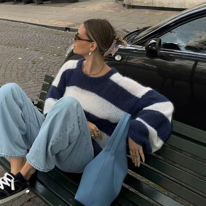 Damen Oversize-Strickpullover mit breiten Blockstreifen und Rundhalsausschnitt Echo Archiv