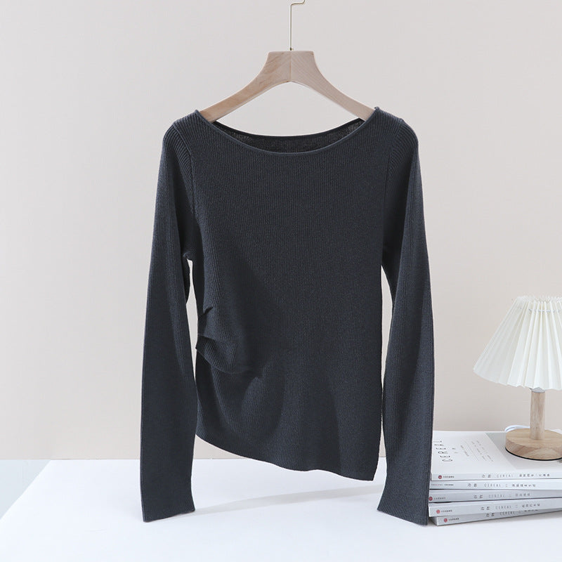 Damen Feines Rippenstrick-Longsleeve mit weitem U-Boot-Ausschnitt & seitlicher Raffung Echo Archiv