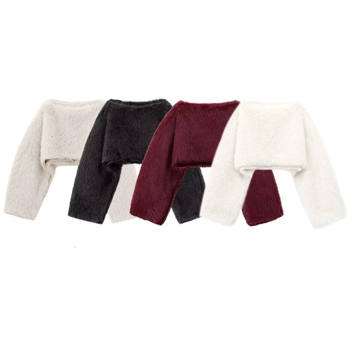 Damen nan kuscheliger Cropped-Fellpullover mit weitem Bootneck und voluminösen Ärmeln Echo Archiv