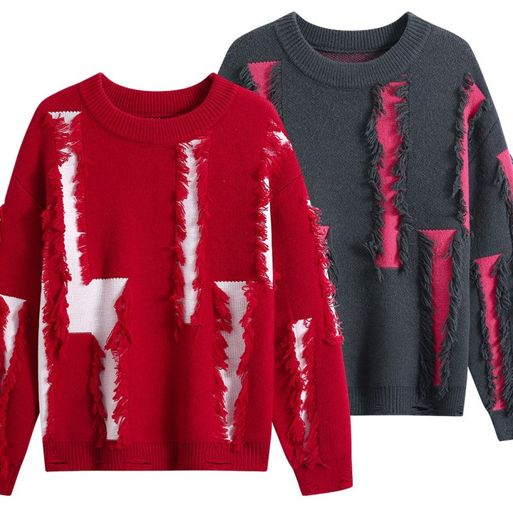 Damen Oversize Strickpullover mit Fransenapplikationen und Destroy-Look Echoarchiv
