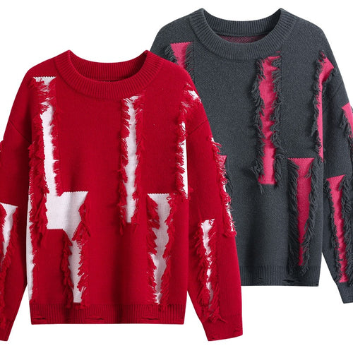 Damen Oversize Strickpullover mit Fransenapplikationen und Destroy-Look Echoarchiv