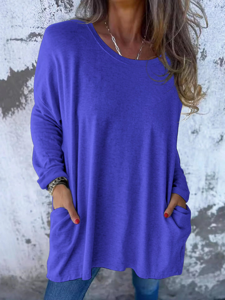 Damen Weiches Oversize Langarmshirt mit Rundhalsausschnitt, Lässigen Ärmeln und Seitentaschen – Avérine