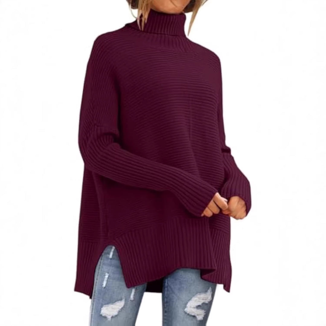 Damen Oversize-Rippenstrick Rollkragenpullover mit Seitenschlitzen und verlängertem Saum – Mavelle