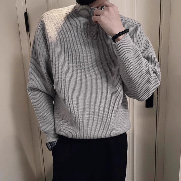 Herren Relaxed Rippstrick‑Pullover mit Halbknopf‑Stehkragen Echoarchiv