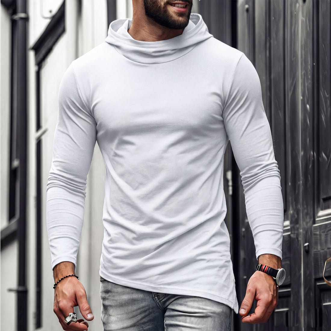 Herren Enganliegendes Langarmshirt mit hohem Schlauchkragen und asymmetrischem Saum Echo Archiv