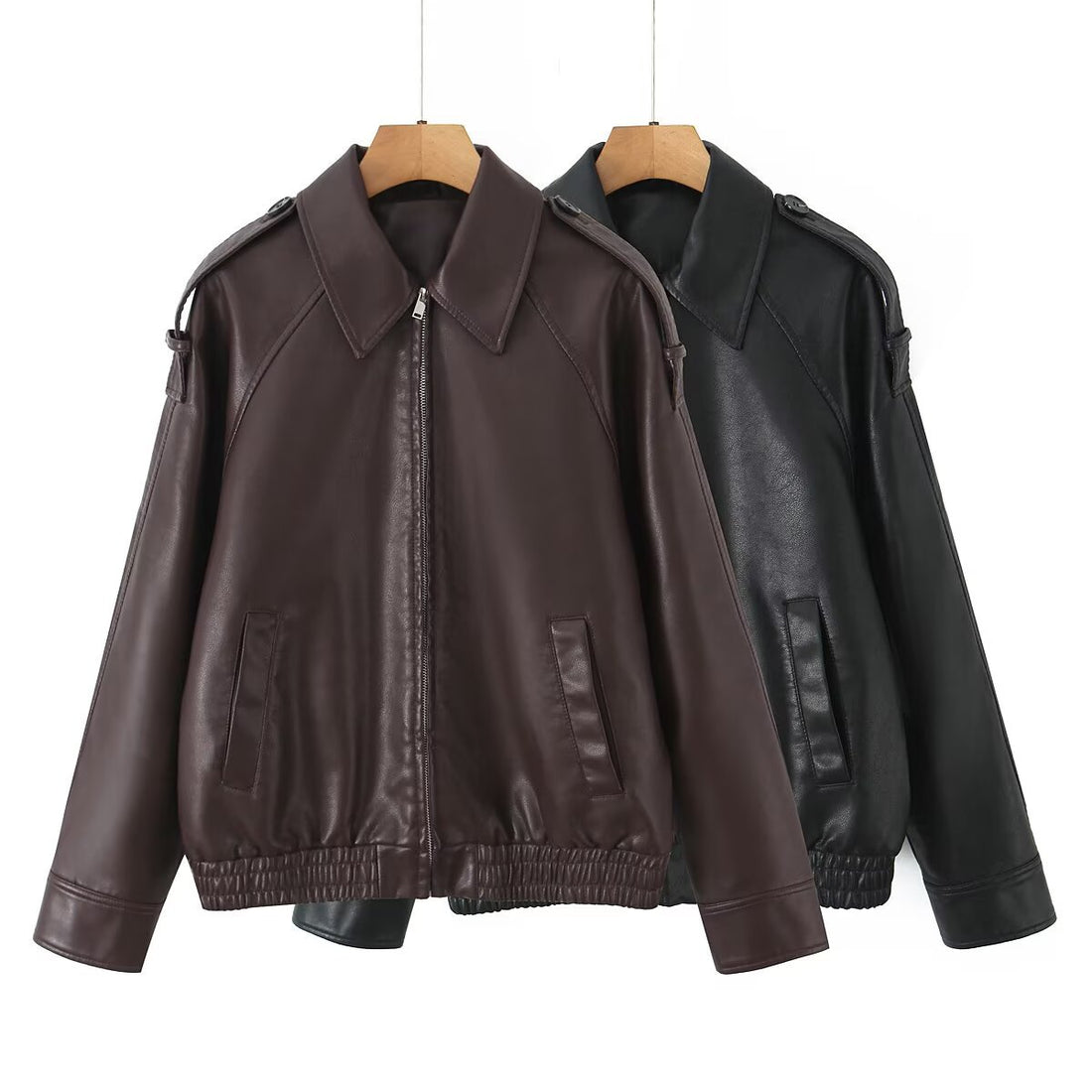 Damen Oversized Lederimitat-Flightjacke mit Bonded-Kragen, Schulterklappen und elastischem Saum Echo Archiv