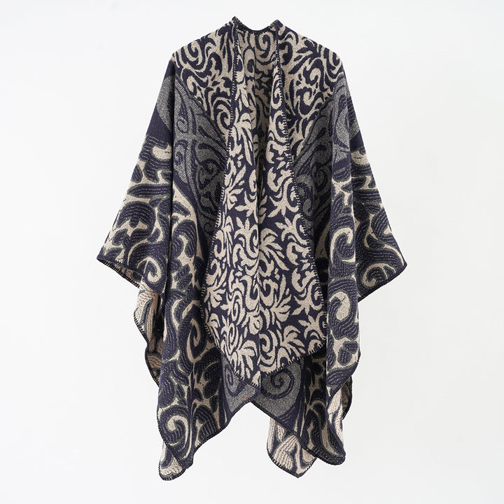 Damen Ornamentaler Jacquard-Capeponcho mit offenem Fall und kastiger Silhouette Echo Archiv