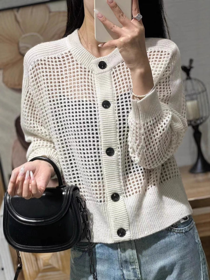 Damen Lockerer Mesh‑Cardigan mit Gitter‑Ajour, Rundhalsausschnitt und Knopfleiste Echoarchiv