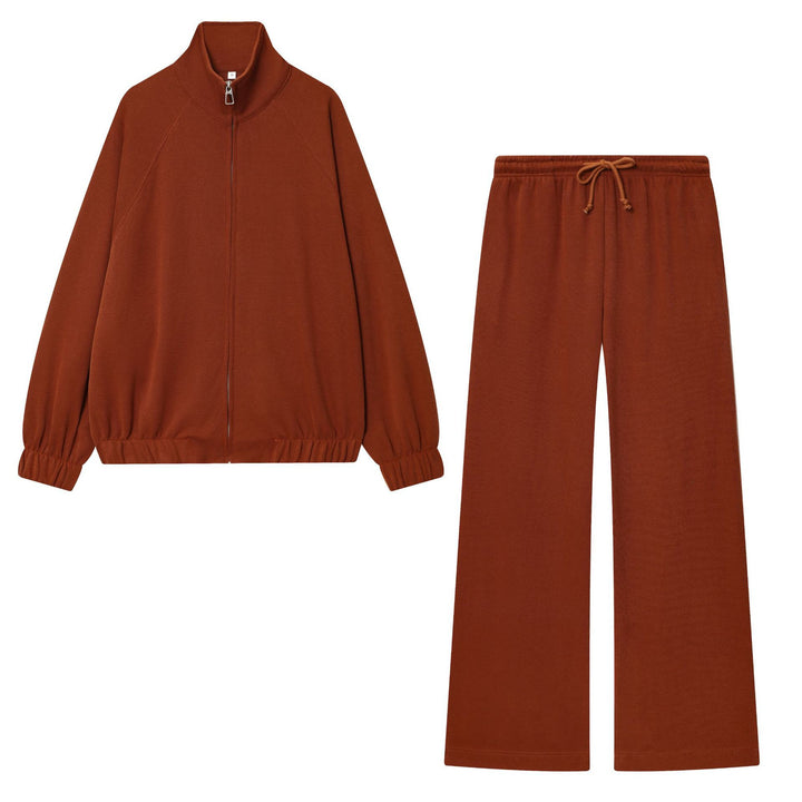 Damen loungiges Sweatsuit-Zweiteiler mit Reißverschluss-Stehkragen, elastischem Saum und weitem Highwaist-Hosenbein – Avélisse