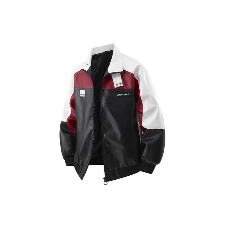 Herren Colorblock Kunstleder-Bomberjacke mit Stehkragen und beidseitigem Reißverschluss Echoarchiv