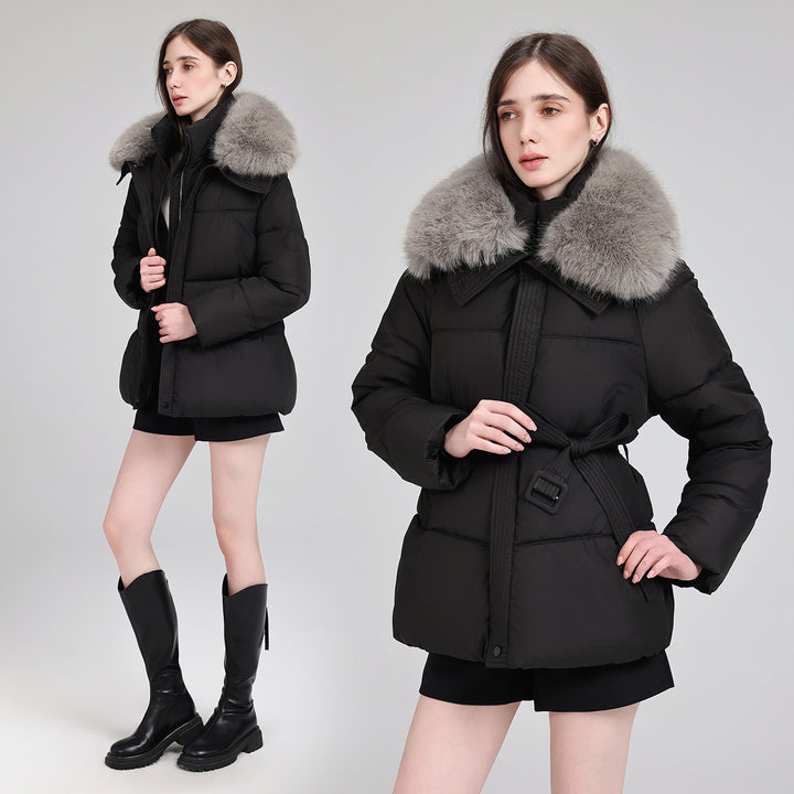 Damen Taillierter Pufferparka mit Wickelgürtel, hohem Stehkragen und voluminösem Fellkragen Echo Archiv