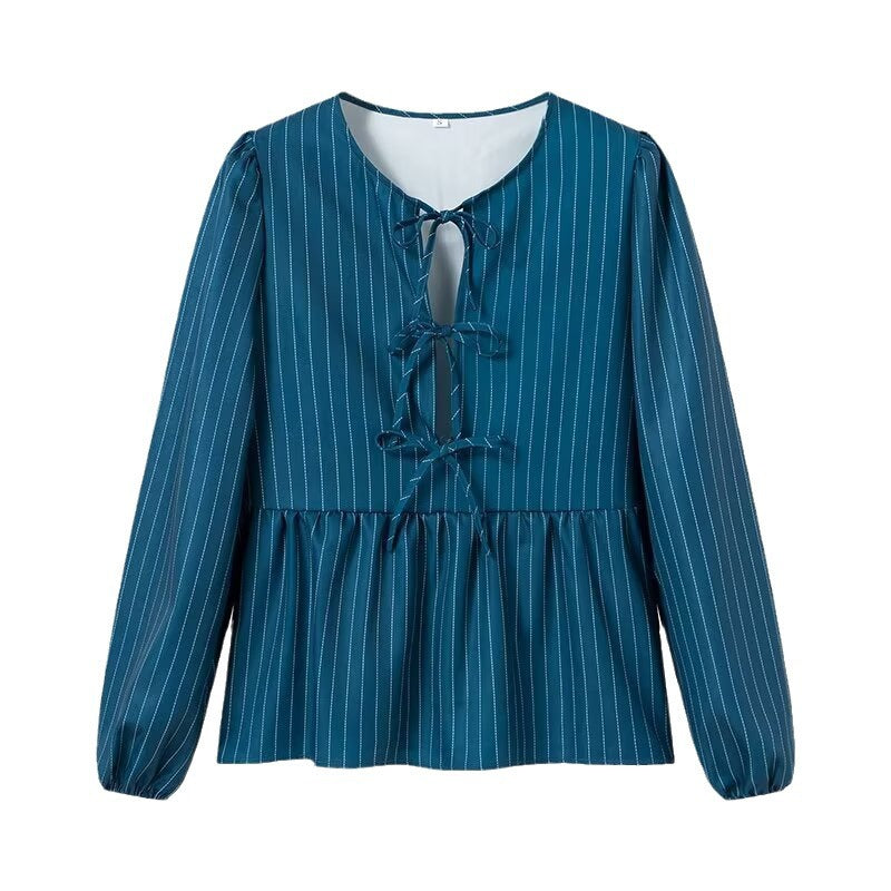 Damen Gestreifte Peplum‑Bluse mit vorderer Schnürung und langen Ballonärmeln Echo Archiv