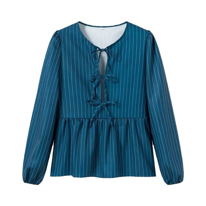 Damen Gestreifte Peplum‑Bluse mit vorderer Schnürung und langen Ballonärmeln Echo Archiv