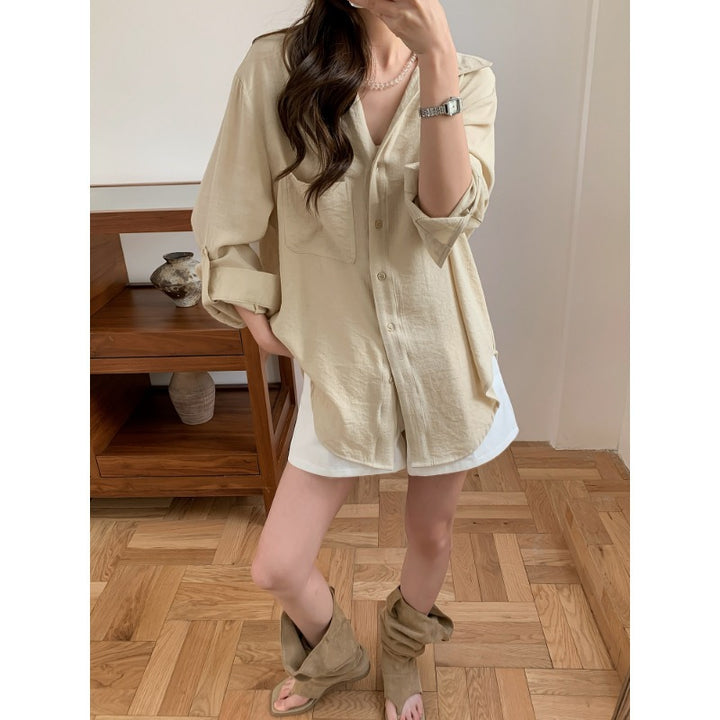 Damen Lässiges Leinenoptik-Longshirt mit Oversize-Schnitt und Brusttasche Echoarchiv