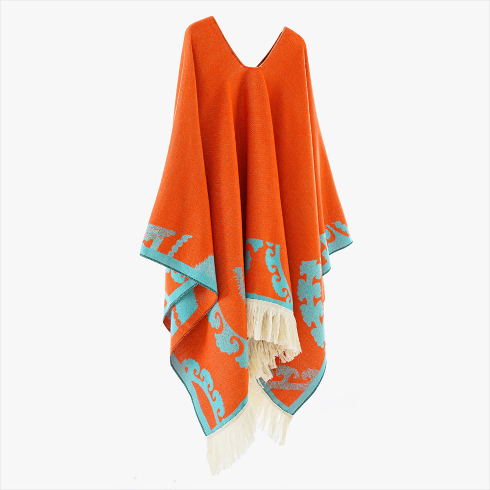 Damen Wollmix-Medallionponcho mit V-Ausschnitt und Fransensaum Echo Archiv