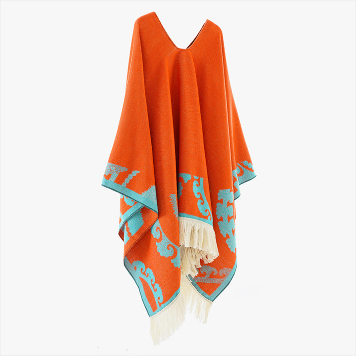 Damen Wollmix-Medallionponcho mit V-Ausschnitt und Fransensaum Echo Archiv