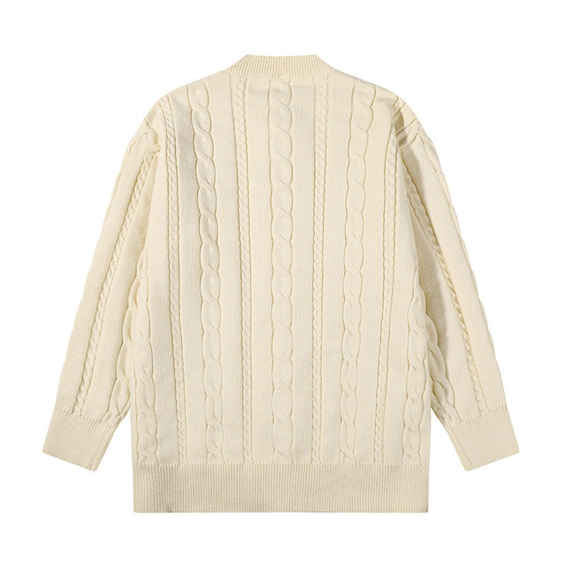 Unisex Übergroße Zopfmuster-Strickjacke mit Knopfleiste und Rundhalsausschnitt Echoarchiv