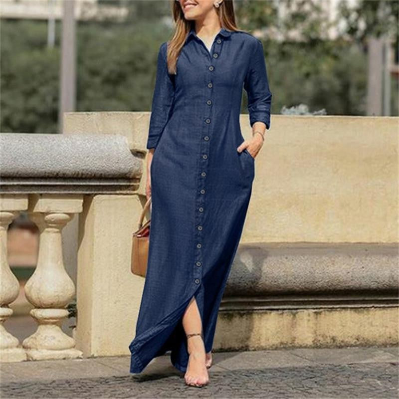 Damen Maxikleid Hemdblusenkleid mit durchgehender Knopfleiste, dreiviertelärmel und Seitentaschen – Avérine