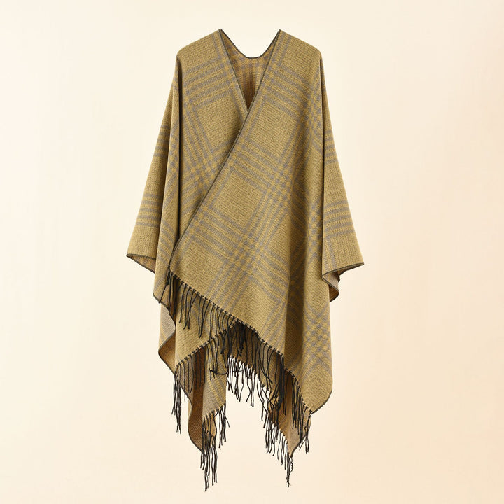 Damen Ruana-Poncho mit V‑Ausschnitt, kastigem Kimono-Fall und Fransensaum Echo Archiv