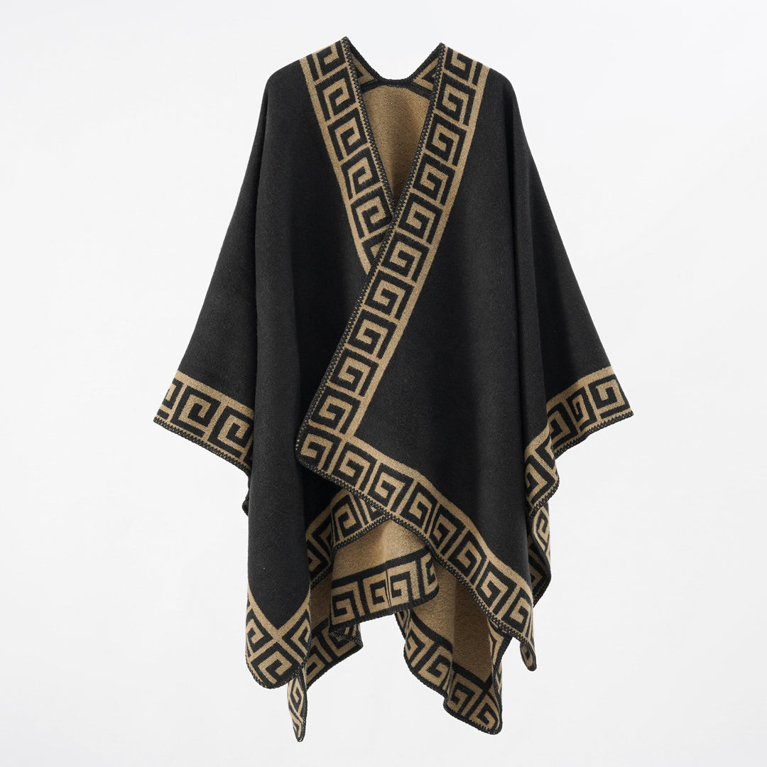 Damen Cape‑Poncho mit Mäander‑Bordüre und Wollmix‑Qualität – Montévia