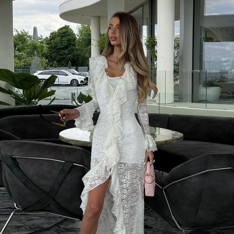 Damen Spitzenmaxikleid mit voluminösen Rüschendetails und seitlichem Schlitz Echo Archiv