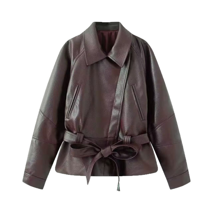 Damen taillierte Lederjacke mit Bindegürtel und überschnittener Schulter Echo Archiv