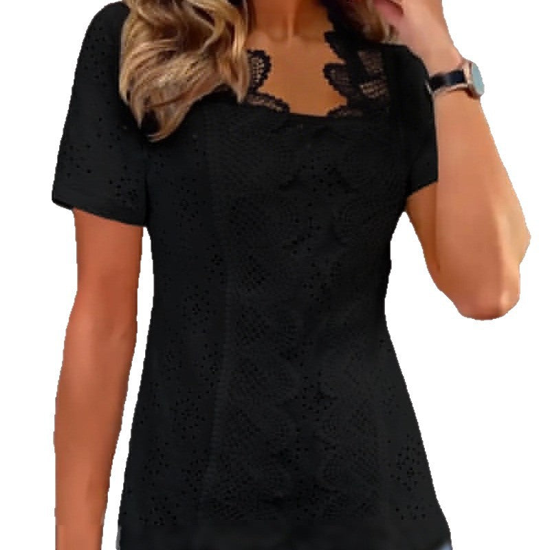 Damen nan Lochstickerei-Bluse mit Spitzenpasse und quadratischem Ausschnitt Echo Archiv